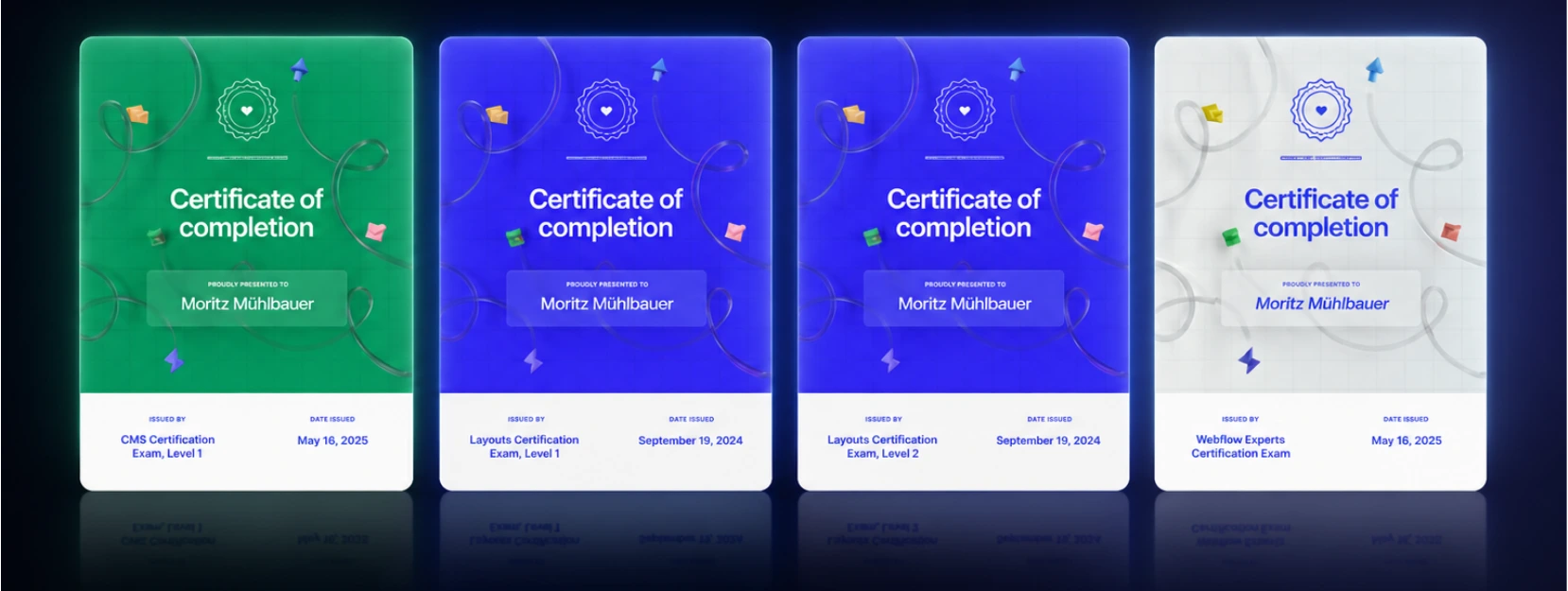 Zertifikate: CMS Certification, Layouts Certification Level 1 & 2, Webflow Experts Certification